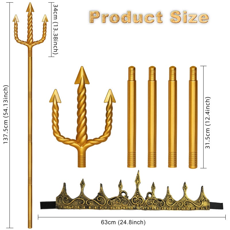 Servllcell Gold Neptune Poseidon Trident and Gold King Crowns,Plastic Trident Staff Foam Crowns Cosplay Set,Halloween Costume Accessory Props - Image 2