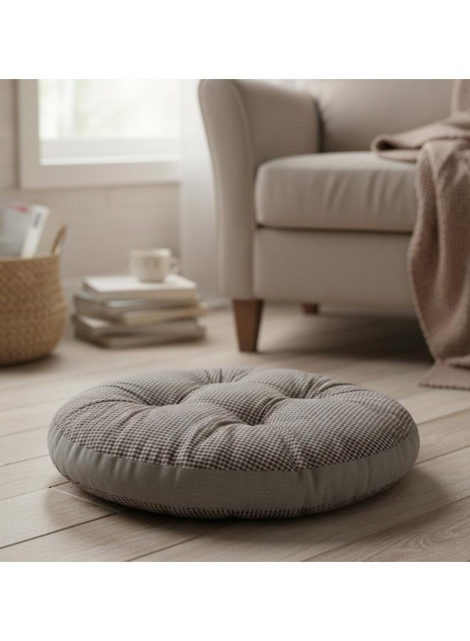 AKDC Large Round Cotton Floor Cushion – White with Brown Plaid Pattern, Cozy Floor Cushion, 55×55×12 cm - Image 2