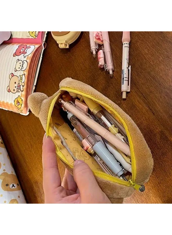 Khaki Storage Bag Cute Bear Pen Box Makeup Stationery Organizer Soft Fur Look Gift - Image 5