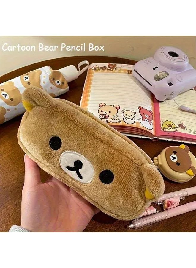 Khaki Storage Bag Cute Bear Pen Box Makeup Stationery Organizer Soft Fur Look Gift - Image 2