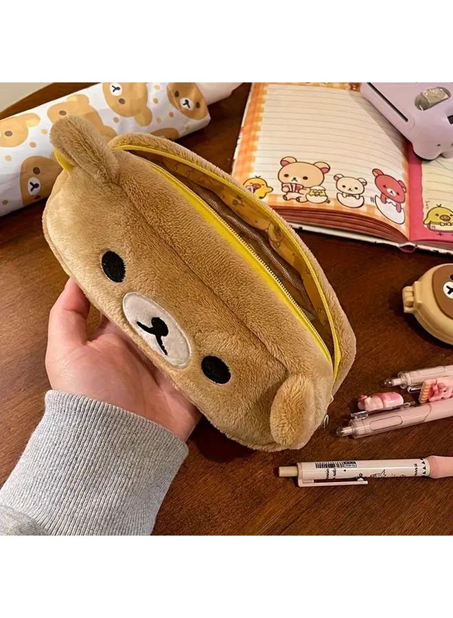 Khaki Storage Bag Cute Bear Pen Box Makeup Stationery Organizer Soft Fur Look Gift - Image 4