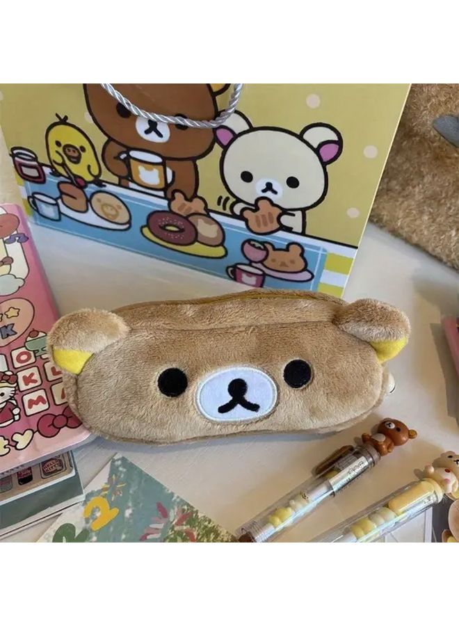 Khaki Storage Bag Cute Bear Pen Box Makeup Stationery Organizer Soft Fur Look Gift - Image 1