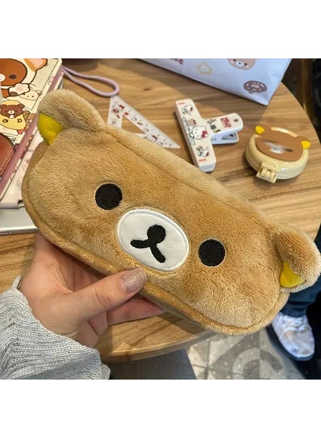 Khaki Storage Bag Cute Bear Pen Box Makeup Stationery Organizer Soft Fur Look Gift - Image 3