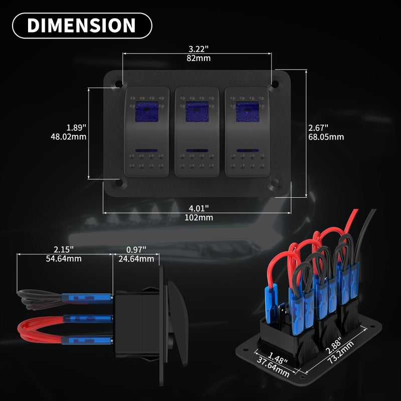 DaierTek Marine Switch Panel Waterproof 12V 3 Gang Rocker Switch Panel Blue LED Light Toggle Switch Aluminum Panel Pre-Wired for Car Truck Boat RV UTV ATV RZR - Image 2