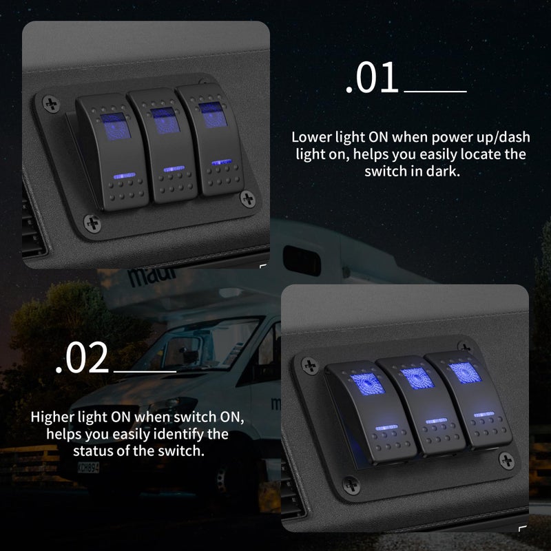 DaierTek Marine Switch Panel Waterproof 12V 3 Gang Rocker Switch Panel Blue LED Light Toggle Switch Aluminum Panel Pre-Wired for Car Truck Boat RV UTV ATV RZR - Image 3
