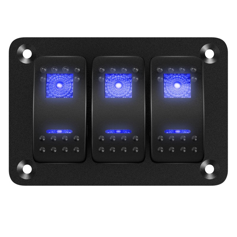 DaierTek Marine Switch Panel Waterproof 12V 3 Gang Rocker Switch Panel Blue LED Light Toggle Switch Aluminum Panel Pre-Wired for Car Truck Boat RV UTV ATV RZR - Image 1