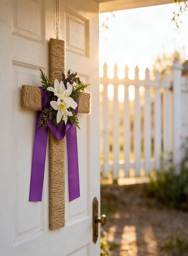 Fangoo 15.8 x 9 inches Easter Wooden Cross Door Sign Large Religious Cross Wreaths Hanger Decor Christian Jesus Lily Flowers for Front Door Wall Hanging Porch Decor Spring Farmhouse Decorations - Image 3