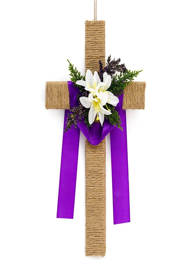 Fangoo 15.8 x 9 inches Easter Wooden Cross Door Sign Large Religious Cross Wreaths Hanger Decor Christian Jesus Lily Flowers for Front Door Wall Hanging Porch Decor Spring Farmhouse Decorations - Image 1
