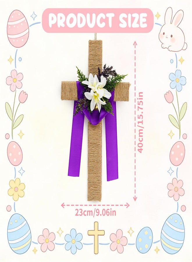 Fangoo 15.8 x 9 inches Easter Wooden Cross Door Sign Large Religious Cross Wreaths Hanger Decor Christian Jesus Lily Flowers for Front Door Wall Hanging Porch Decor Spring Farmhouse Decorations - Image 2