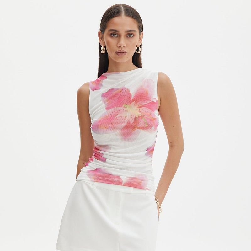New Digital Printing Summer Mesh Stitching Chic Pleated Vest Elegant Slim-Fit Pure Desire Top - Image 1
