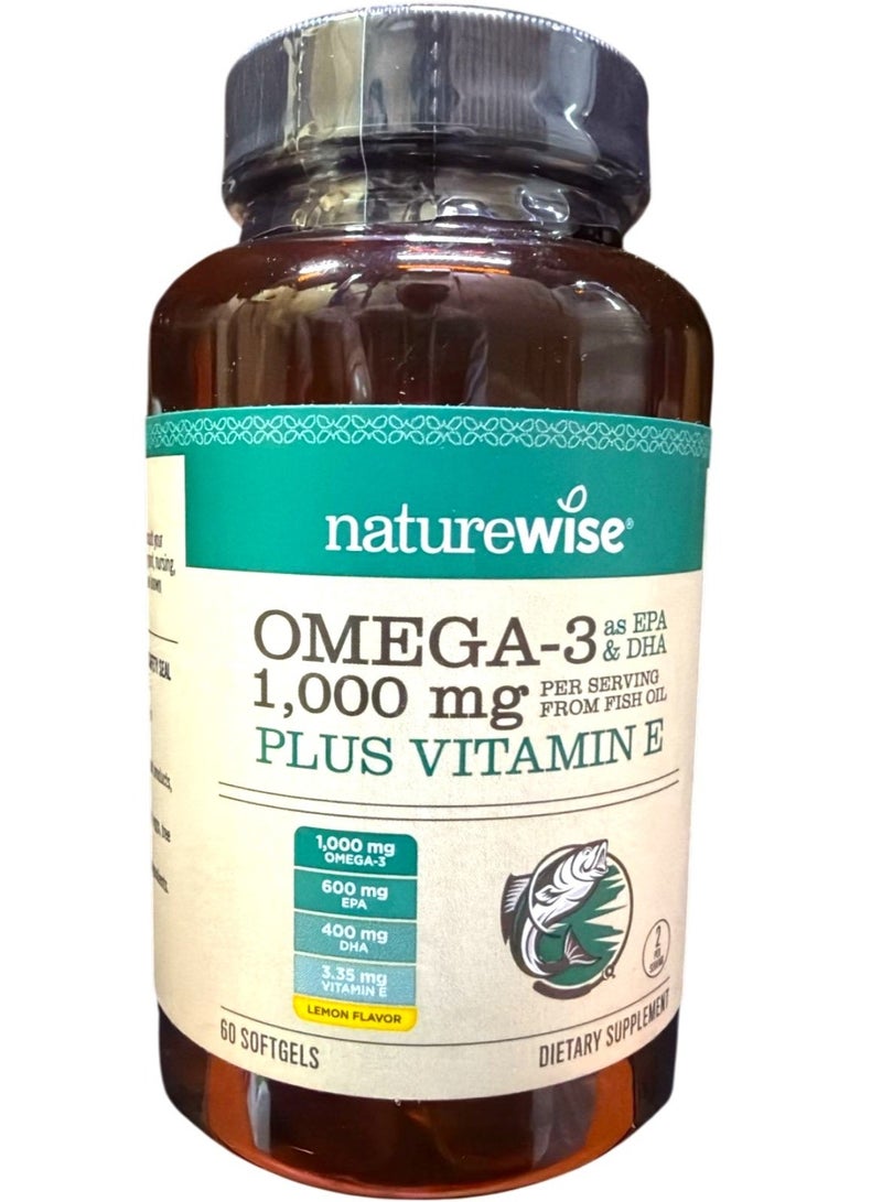 NatureWise أوميغا 3 بتركيز عالٍ 1000 ملغ مع 600 ملغ EPA و400 ملغ DHA وفيتامين E - مكمل لدعم القلب والدماغ والعين والمفاصل والعظام والمناعة للرجال والنساء، 60 حبة - إمداد لمدة 30 يومًا - Image 1