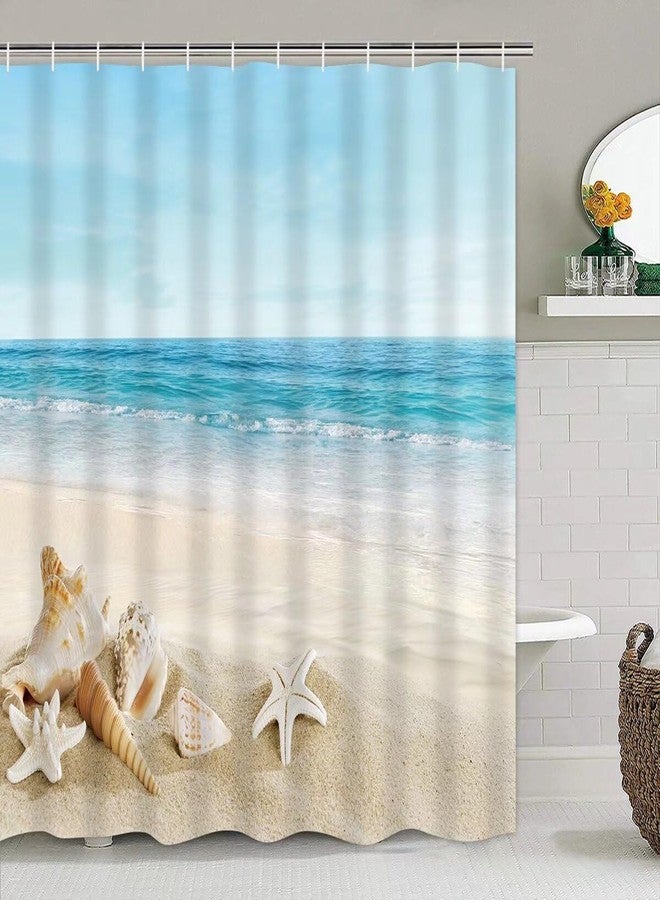 Chrainy 4Pcs Summer Beach Shower Curtain Sets Sea Ocean Bathroom Set Decor with Non-Slip Rugs Bath U-Shaped Mat Toilet Lid Cover Waterproof Starfish Shell Bathroom Curtain Shower Set with 12 Hooks - Image 2
