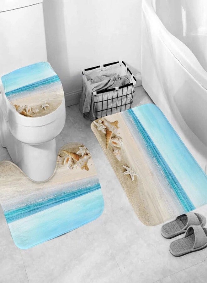 Chrainy 4Pcs Summer Beach Shower Curtain Sets Sea Ocean Bathroom Set Decor with Non-Slip Rugs Bath U-Shaped Mat Toilet Lid Cover Waterproof Starfish Shell Bathroom Curtain Shower Set with 12 Hooks - Image 4