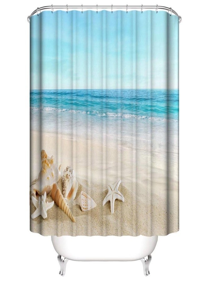 Chrainy 4Pcs Summer Beach Shower Curtain Sets Sea Ocean Bathroom Set Decor with Non-Slip Rugs Bath U-Shaped Mat Toilet Lid Cover Waterproof Starfish Shell Bathroom Curtain Shower Set with 12 Hooks - Image 3