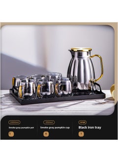 Generic High-looking Household Glass Cold Water Kettle, High Temperature Resistant Cool Boiled Water Cup, Creative Living Room Herbal Tea Ice Water Kettle, Large Capacity-Color:2000ML+[one Pot With Six Cups]+matte Black Iron Tray  - Image 1