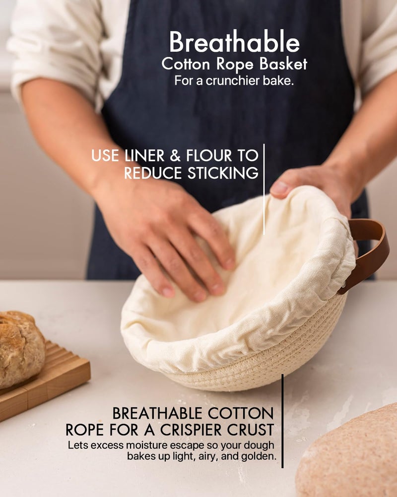 BARoyal Crispier Crust Cotton Rope Banneton Bread Proofing Basket Set, Oval & Round Bread Baskets with Liners & Covers for Artisan Bread Baking, Sourdough Bread Baking Supplies(Cream) - Image 2
