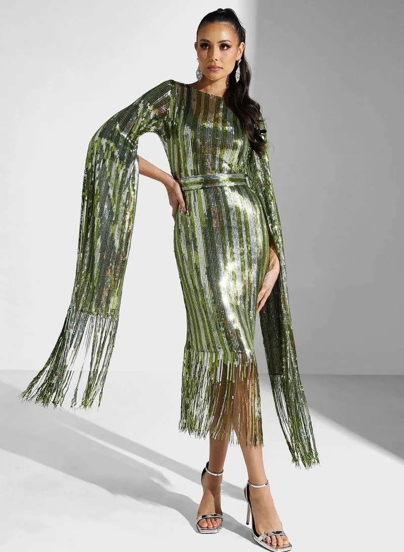 Golden Apple Fringe Sequin Midi Dress