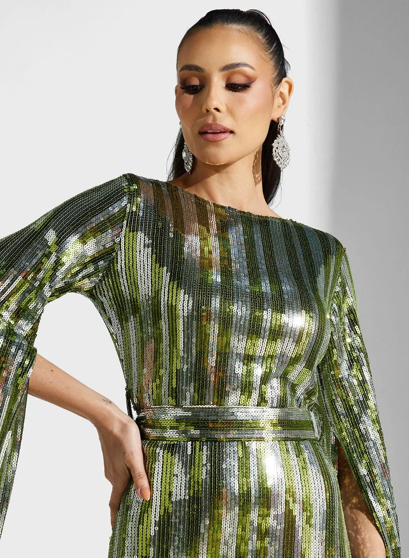 Golden Apple Fringe Sequin Midi Dress