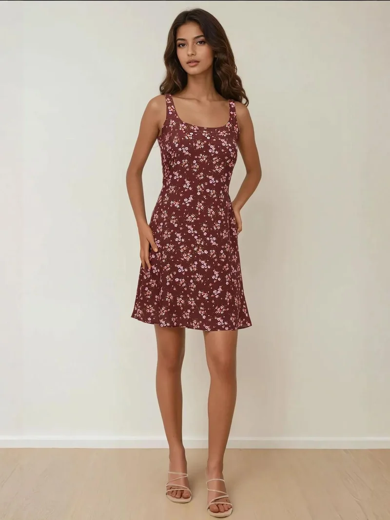 زوبعة فستان قصير ضيق مطبوع بياقة على شكل حرف