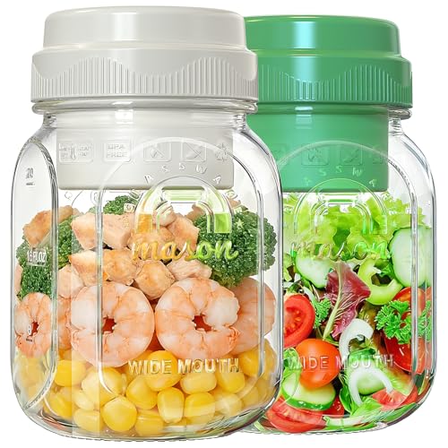 Syntic [UPGRADE] 2 Pack Salad Jars with Silicone Dressing Cup, 32 Oz Salad Container for Lunch Meal Prep w Foldable Fork, Separation Divider for Dry Food & Wet Sauce, Salad Pod On The Go for Overnight Oats - Image 1