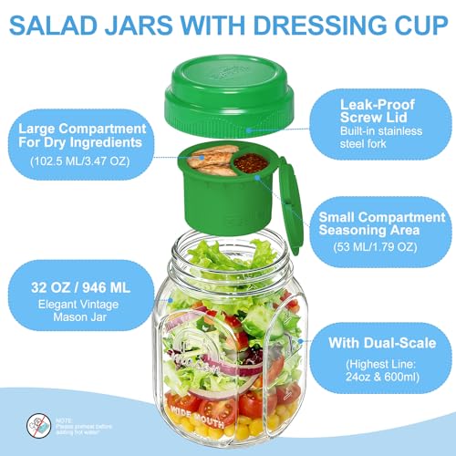 Syntic [UPGRADE] 2 Pack Salad Jars with Silicone Dressing Cup, 32 Oz Salad Container for Lunch Meal Prep w Foldable Fork, Separation Divider for Dry Food & Wet Sauce, Salad Pod On The Go for Overnight Oats - Image 2