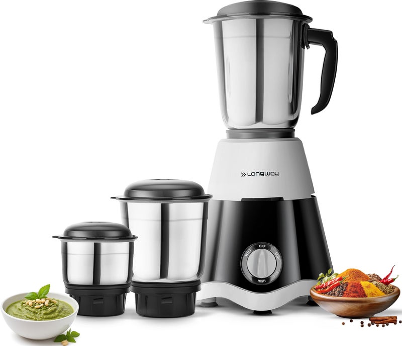 Longway Super Dlx Mixer Grinder | Up to 700 Watt Powerful Motor | 3 Jars for Grinding, Mixing, Juicing | 2 Year Warranty (Black & Gray, 3 Jars) - Image 1