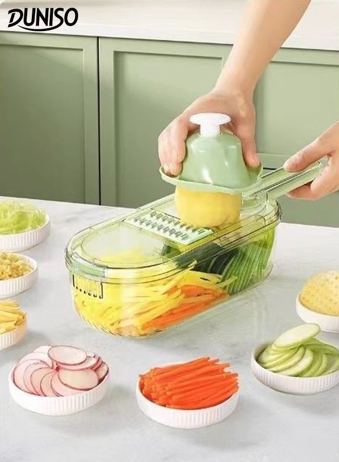 DUNISO مبشرة خضروات متعددة الوظائف 6 في 1 مع مقبض مريح ومبشرة يدوية مع حاوية طعام ومبشرة خضروات آمنة ومفرمة خضروات قابلة للتعديل من الفولاذ المقاوم للصدأ وقطاعة فواكه للاستخدام المنزلي - Image 1