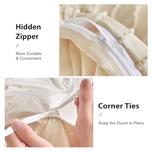 WARMDERN Tufted Duvet Cover Set King Size, Khaki Striped Textured Boho Bedding Set, 3 Pcs Ultra Soft Washed Microfiber Duvet Cover with Zipper Closure (Khaki) - Image 5
