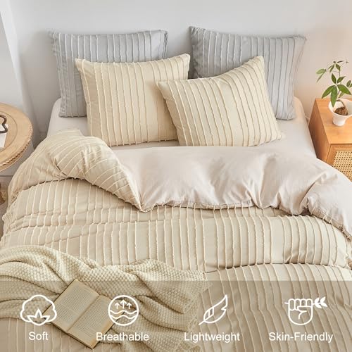 WARMDERN Tufted Duvet Cover Set King Size, Khaki Striped Textured Boho Bedding Set, 3 Pcs Ultra Soft Washed Microfiber Duvet Cover with Zipper Closure (Khaki) - Image 3