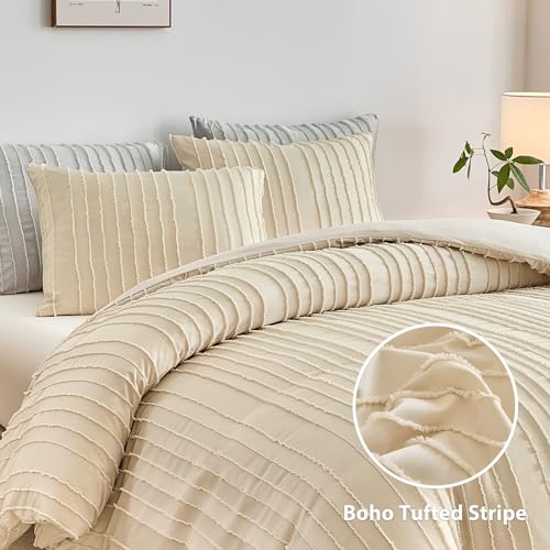 WARMDERN Tufted Duvet Cover Set King Size, Khaki Striped Textured Boho Bedding Set, 3 Pcs Ultra Soft Washed Microfiber Duvet Cover with Zipper Closure (Khaki) - Image 2