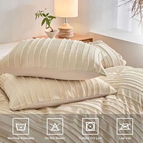 WARMDERN Tufted Duvet Cover Set King Size, Khaki Striped Textured Boho Bedding Set, 3 Pcs Ultra Soft Washed Microfiber Duvet Cover with Zipper Closure (Khaki) - Image 4