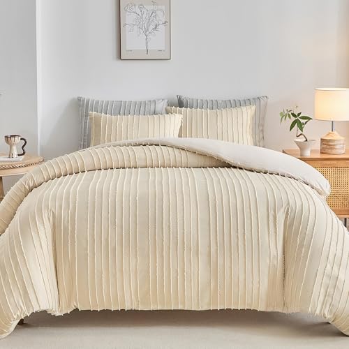 WARMDERN Tufted Duvet Cover Set King Size, Khaki Striped Textured Boho Bedding Set, 3 Pcs Ultra Soft Washed Microfiber Duvet Cover with Zipper Closure (Khaki) - Image 1
