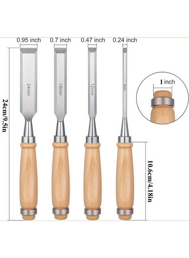 4 Pcs Woodworking Chisel Set High Carbon Steel Blades Solid Wood Handles 6 12 18 24mm - Image 2