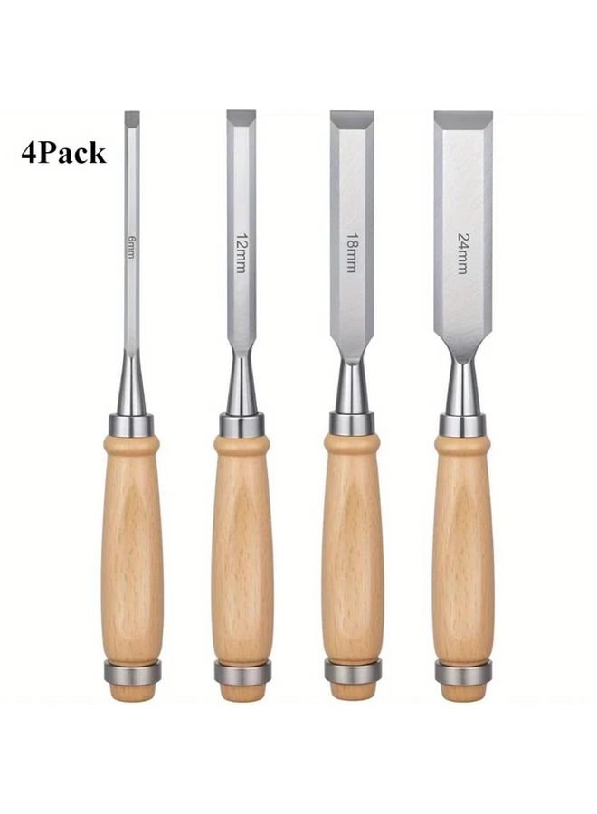 4 Pcs Woodworking Chisel Set High Carbon Steel Blades Solid Wood Handles 6 12 18 24mm - Image 1