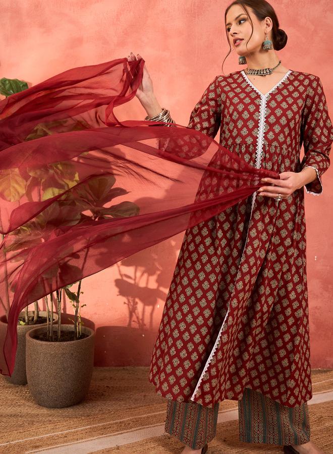 SASSAFRAS Maroon Floral Front Slit Kurta with Pencil Pants and Dupatta Set - Image 1