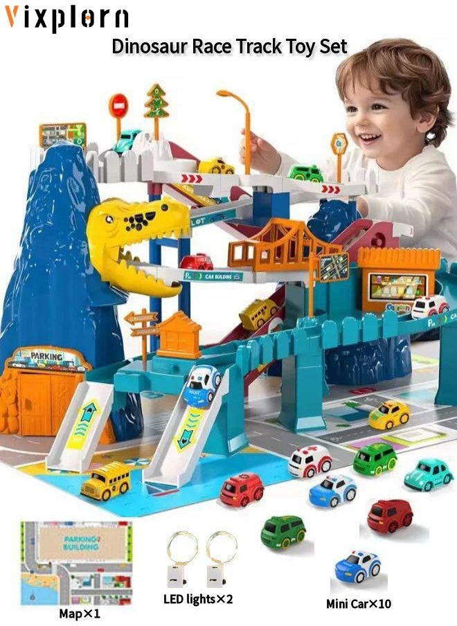 Vixplorn Dinosaur Race Track Playset for Boys Kids 3-5, Dinosaur Climbing Hills Car Track Play Set with 10 Mini Racer Cars, Kids Car Ramp Track Toys for 3 4 5 6 7 8 Year Old Boys Girls  - Image 1