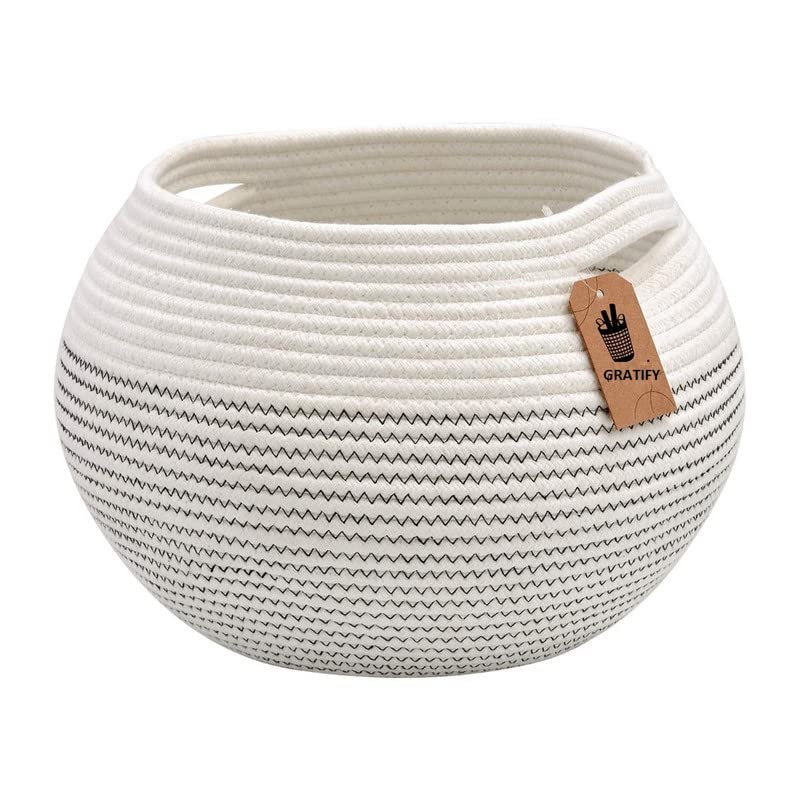 GRATIFY Mansa Traders Cute Round Basket Cotton Rope Jute Baskets in Living Room Woven Towel Basket Bedroom Storage Bakset for Children Corner Plant Basket Indoor Jute 10D x 83H White Black  - Image 1