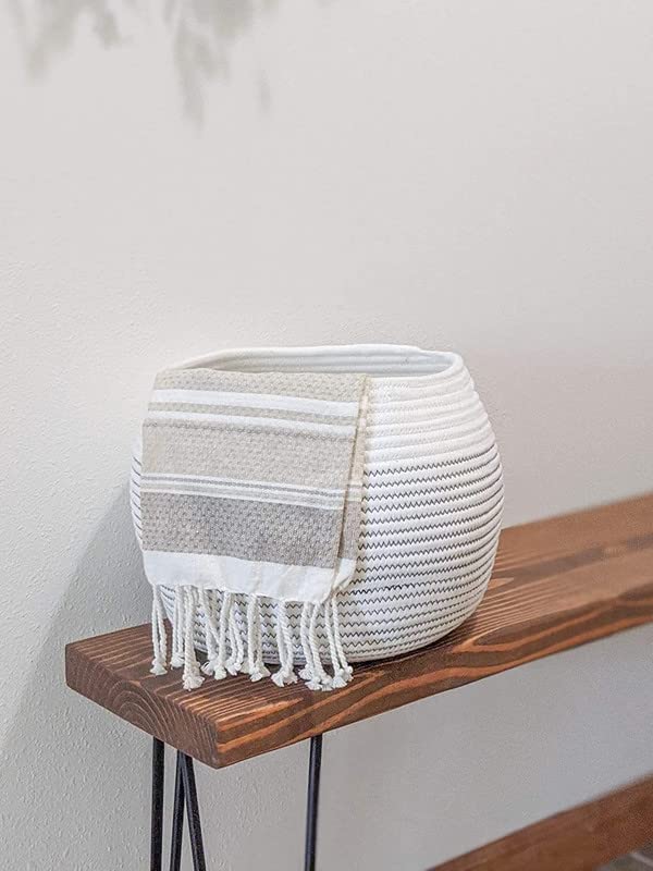 GRATIFY Mansa Traders Cute Round Basket Cotton Rope Jute Baskets in Living Room Woven Towel Basket Bedroom Storage Bakset for Children Corner Plant Basket Indoor Jute 10D x 83H White Black  - Image 5