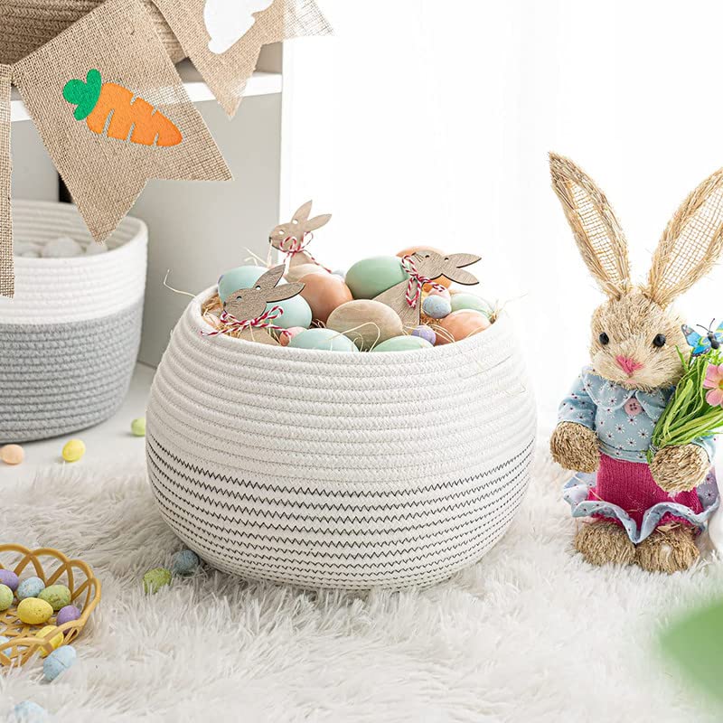 GRATIFY Mansa Traders Cute Round Basket Cotton Rope Jute Baskets in Living Room Woven Towel Basket Bedroom Storage Bakset for Children Corner Plant Basket Indoor Jute 10D x 83H White Black  - Image 3