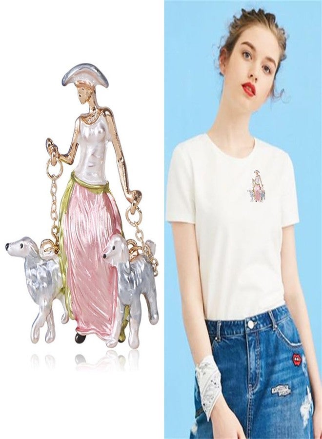 OIDIMS Funny Dog-Walking Modern Girl Brooch Pin For Women Lady Fashion Animal Pet Scarf Shawl Lapel Pins Clip Dainty Cute Badge Corsage Clothes Accessories Elegant Wedding Party Graduation Jewelry Gifts (Pink) - Image 2