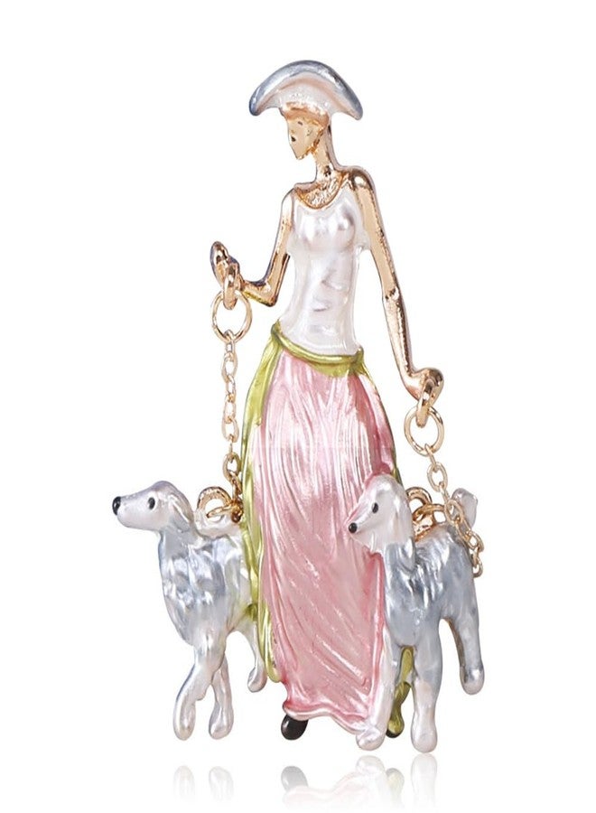 OIDIMS Funny Dog-Walking Modern Girl Brooch Pin For Women Lady Fashion Animal Pet Scarf Shawl Lapel Pins Clip Dainty Cute Badge Corsage Clothes Accessories Elegant Wedding Party Graduation Jewelry Gifts (Pink) - Image 1