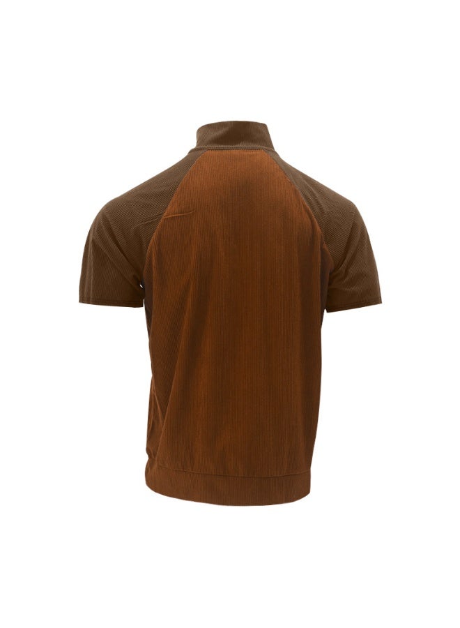 Spring/Summer  Men's Outdoor Raglan Sleeves Casual Stand up Neck Loose Corduroy Colored Short Sleeve - Image 2