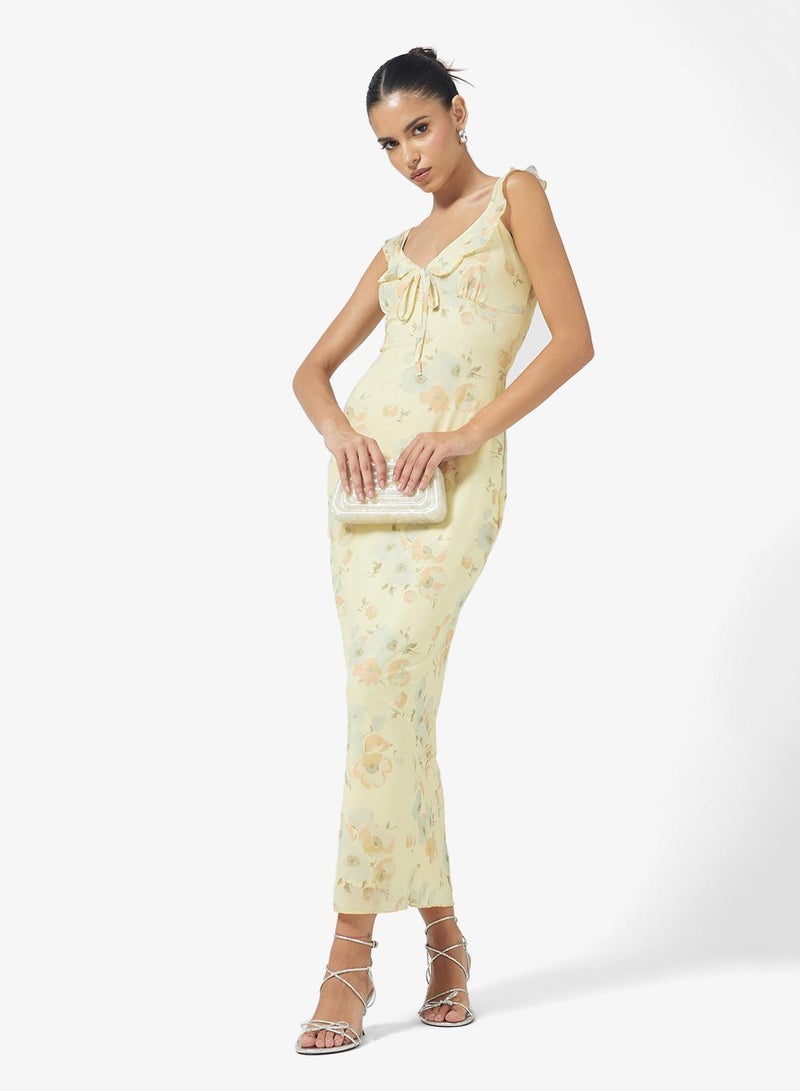 جينجر فستان ماكسي مزين بالزهور بياقة مكشكشة - Image 1