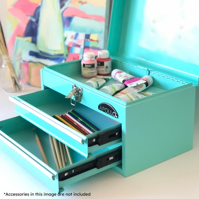 Apollo Tools 14 Inch Steel Tool Box with Deep Top Compartment and 2 Drawers in Heavy-Duty Steel With Ball Bearing Opening and Powder Coated Finish - Aqua Green - DT5010-GR - Image 3