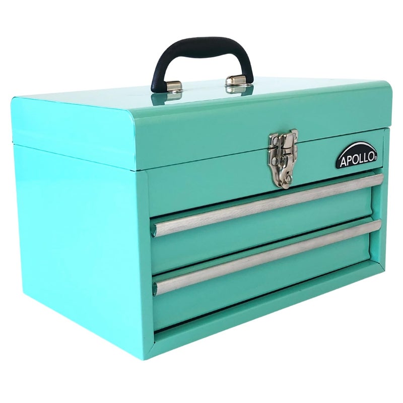 Apollo Tools 14 Inch Steel Tool Box with Deep Top Compartment and 2 Drawers in Heavy-Duty Steel With Ball Bearing Opening and Powder Coated Finish - Aqua Green - DT5010-GR - Image 1