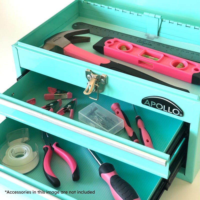 Apollo Tools 14 Inch Steel Tool Box with Deep Top Compartment and 2 Drawers in Heavy-Duty Steel With Ball Bearing Opening and Powder Coated Finish - Aqua Green - DT5010-GR - Image 4