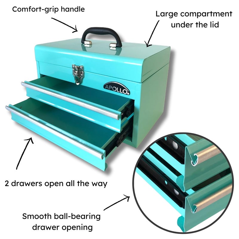 Apollo Tools 14 Inch Steel Tool Box with Deep Top Compartment and 2 Drawers in Heavy-Duty Steel With Ball Bearing Opening and Powder Coated Finish - Aqua Green - DT5010-GR - Image 2