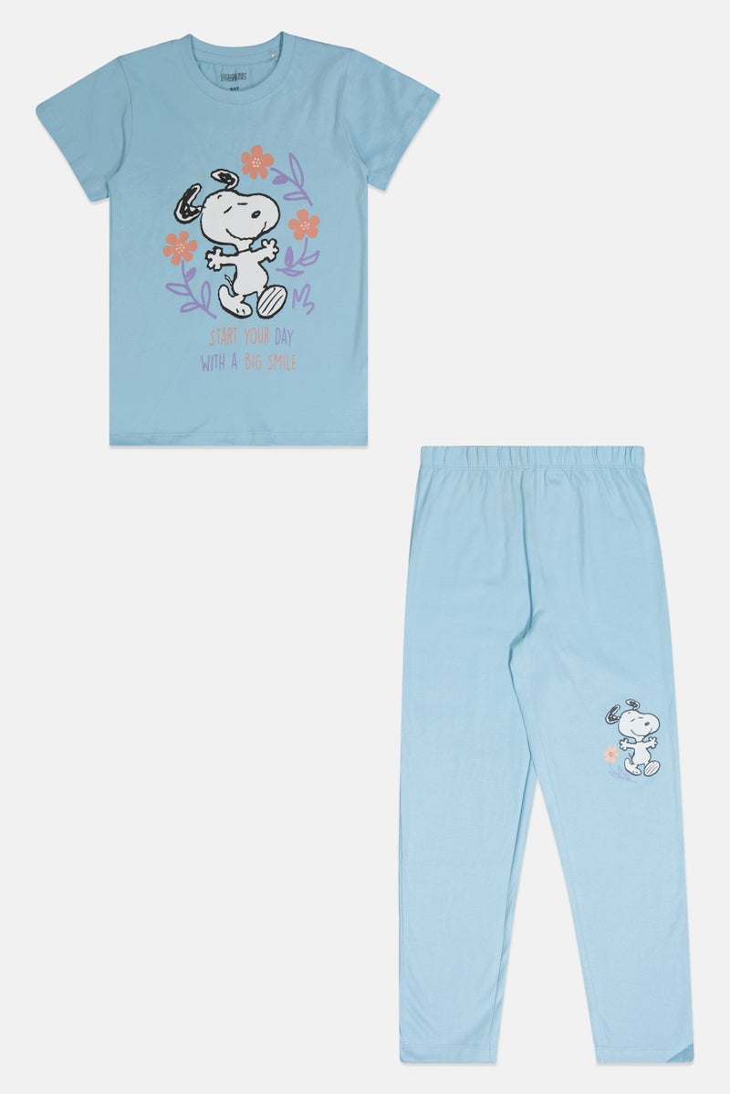Peanuts Toddlers Girl 2 Pieces Graphic Print Pajama Set, Light Blue - Image 1
