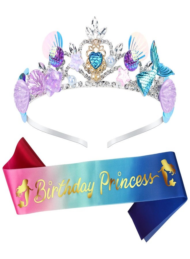 CIEHER Mermaid Crown and Birthday Princess Sash for Women Girls Birthday Girl Sash Mermaid Tiara Mermaid Birthday Decorations Princess Birthday Party - Image 1