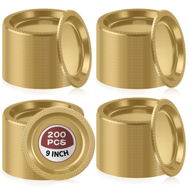 Zopeal 200 Pcs Gold Plates Disposable Plastic Round Dinner Plates 9 Inch Heavy Duty Bulk Wedding Party Pack for Dessert Appetizer Salad